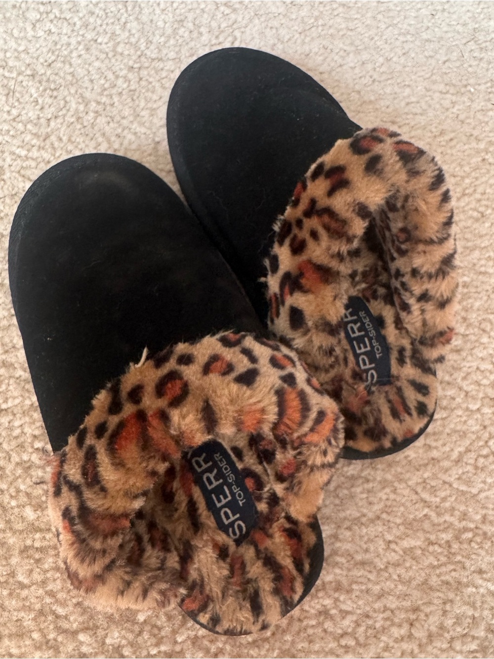Sperry Black Slip-On Slippers with Leopard Faux-Fur Cuff